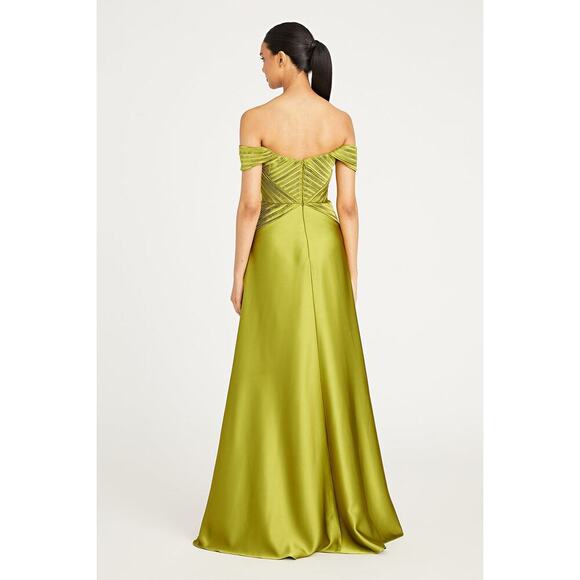 Theia Venus Pleated Off-Shoulder Drape A-Line Gown Peridot Size 0 NWT - Picture 5 of 15